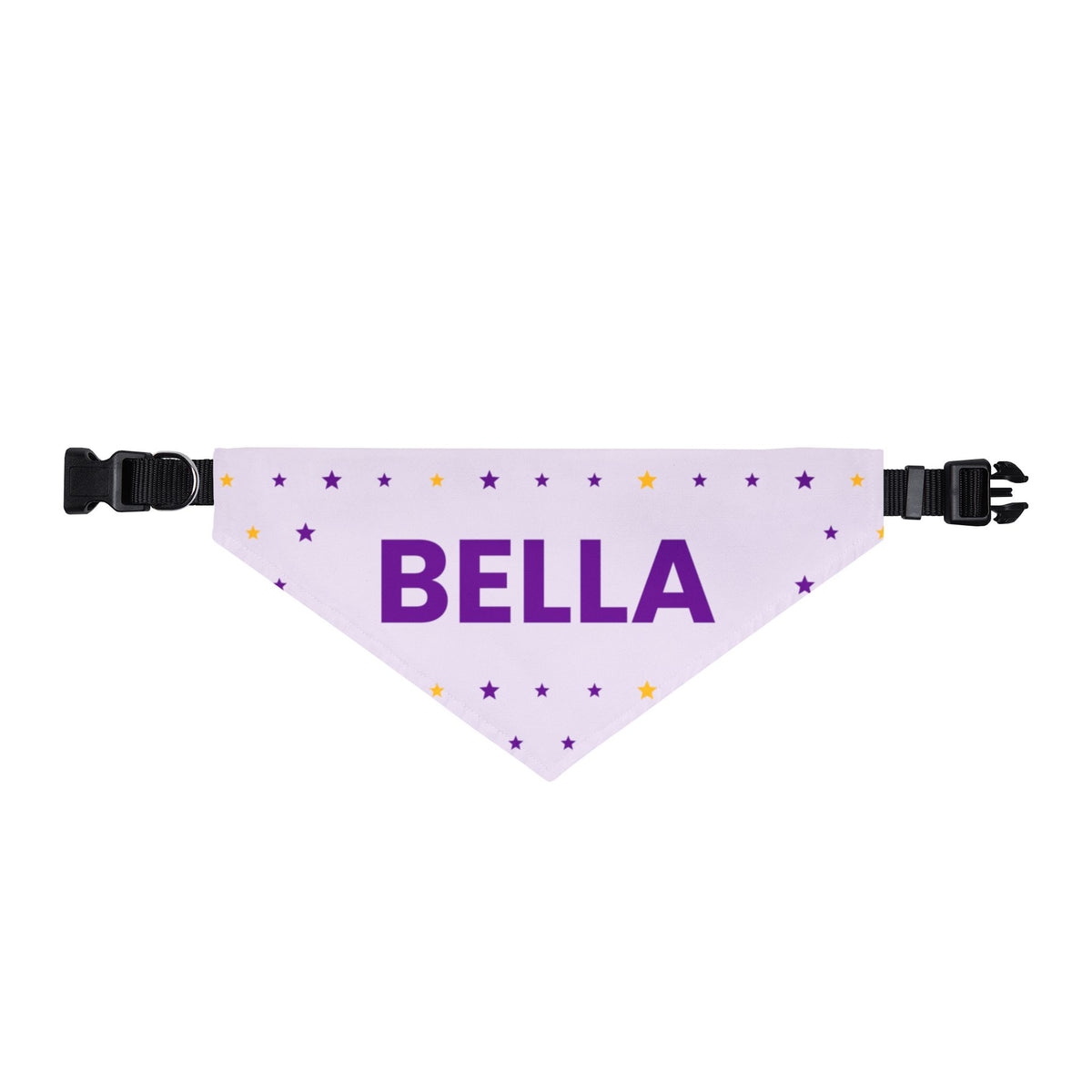 Lilac Stars clip-on dog bandana printed with a custom name, third view