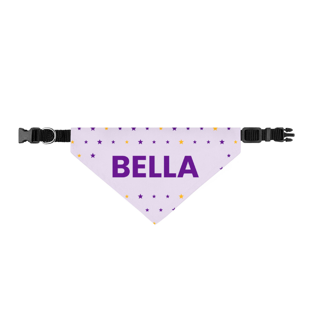 Lilac Stars clip-on dog bandana printed with a custom name, second view