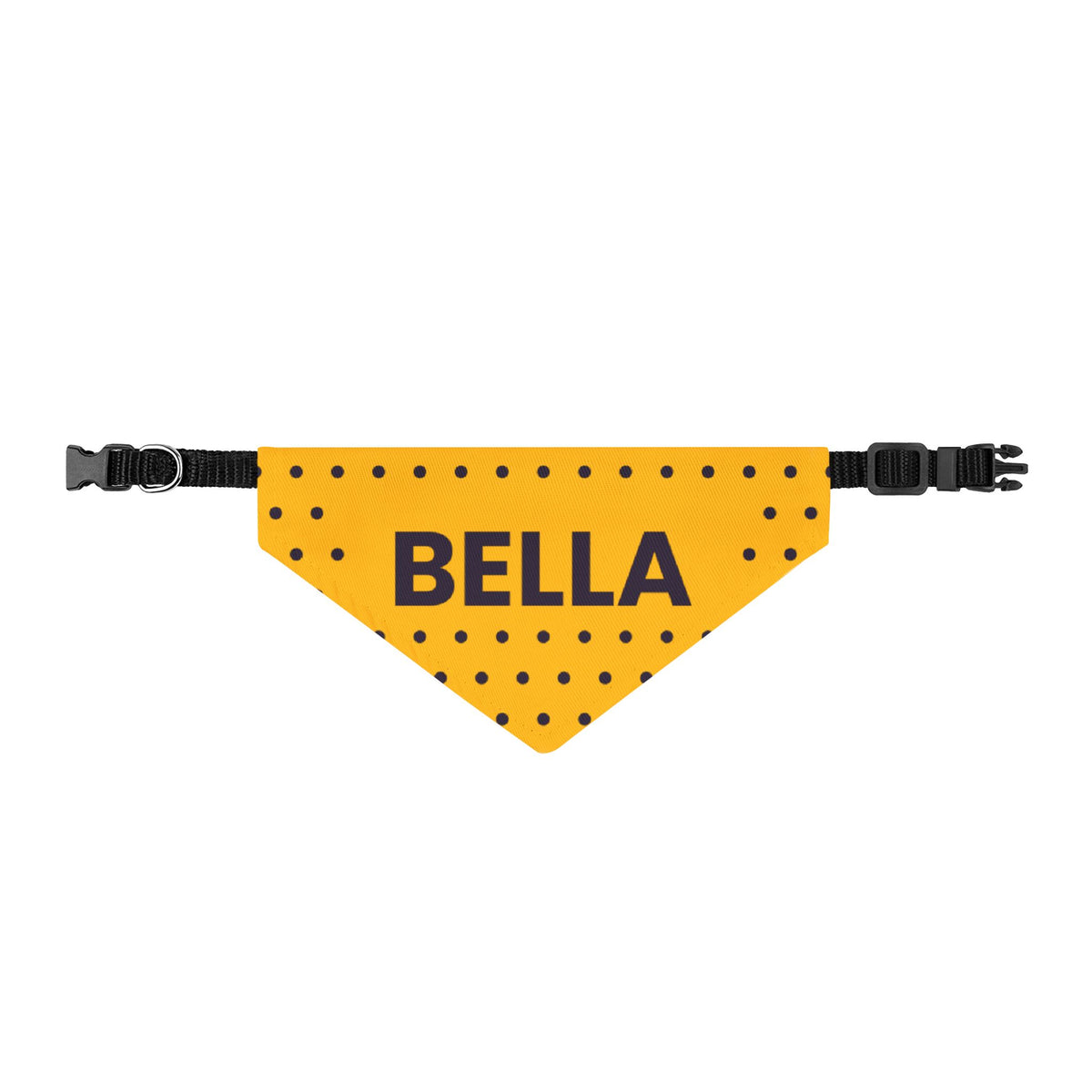Sunshine Dots clip-on dog bandana printed with a custom name