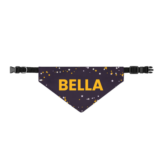 Midnight Stars clip-on dog bandana printed with a custom name