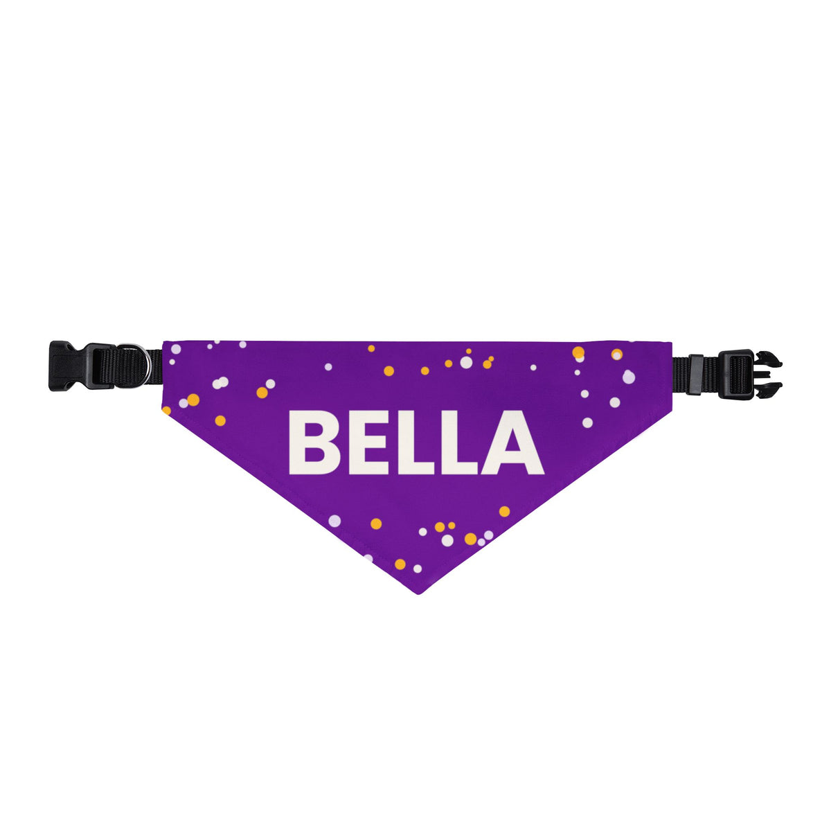 Purple Confetti clip-on dog bandana printed with a custom name, third view