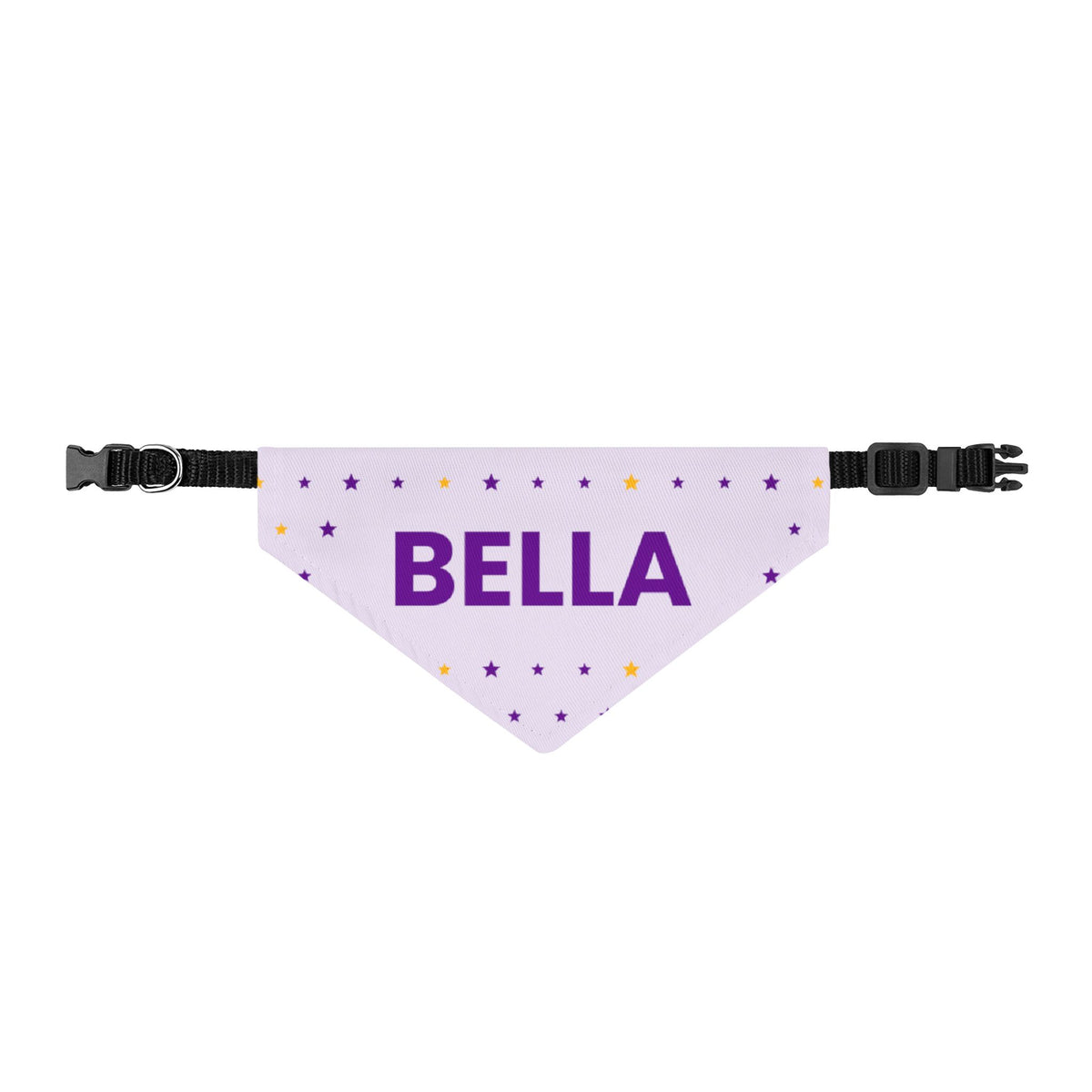 Lilac Stars clip-on dog bandana printed with a custom name
