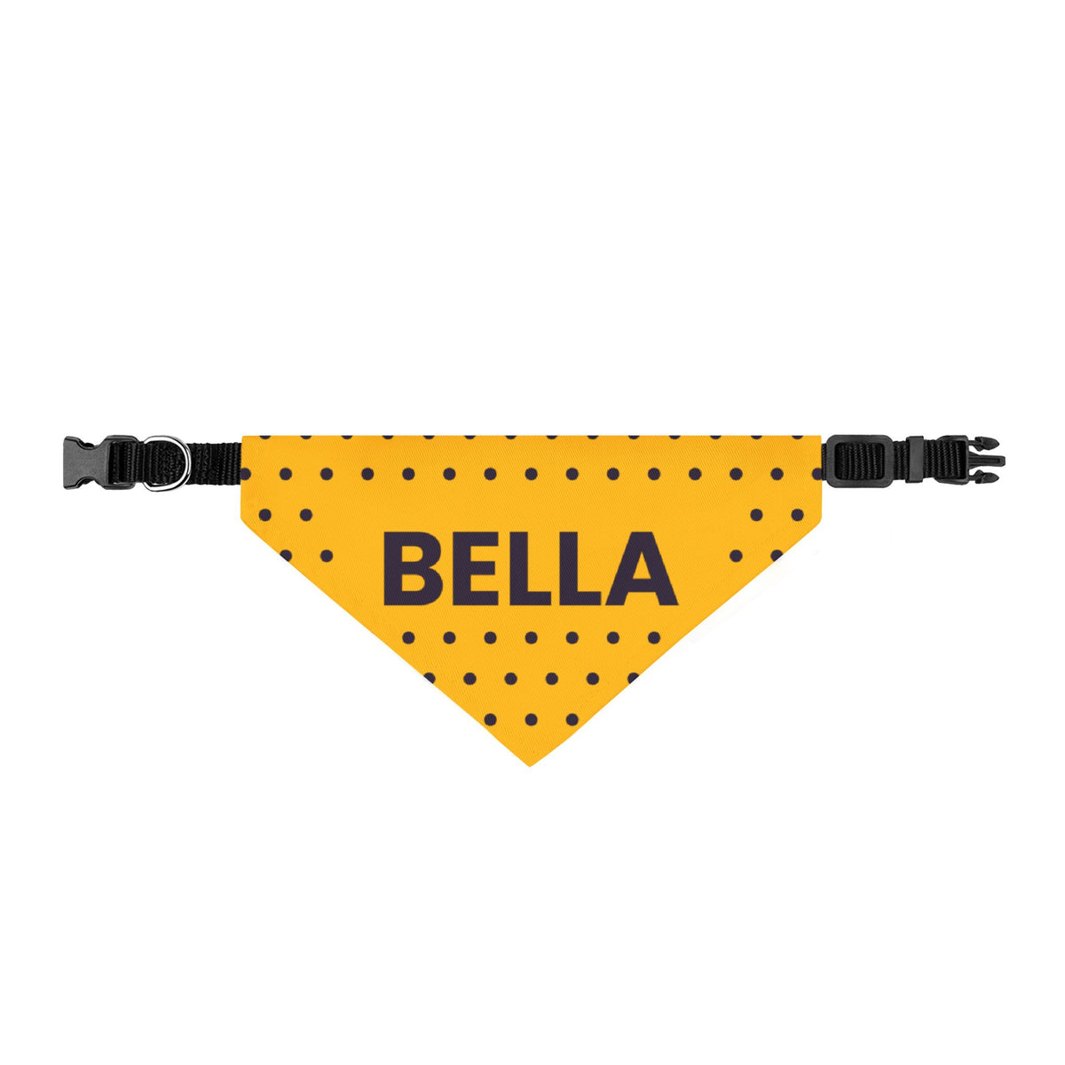Sunshine Dots clip-on dog bandana printed with a custom name, second view