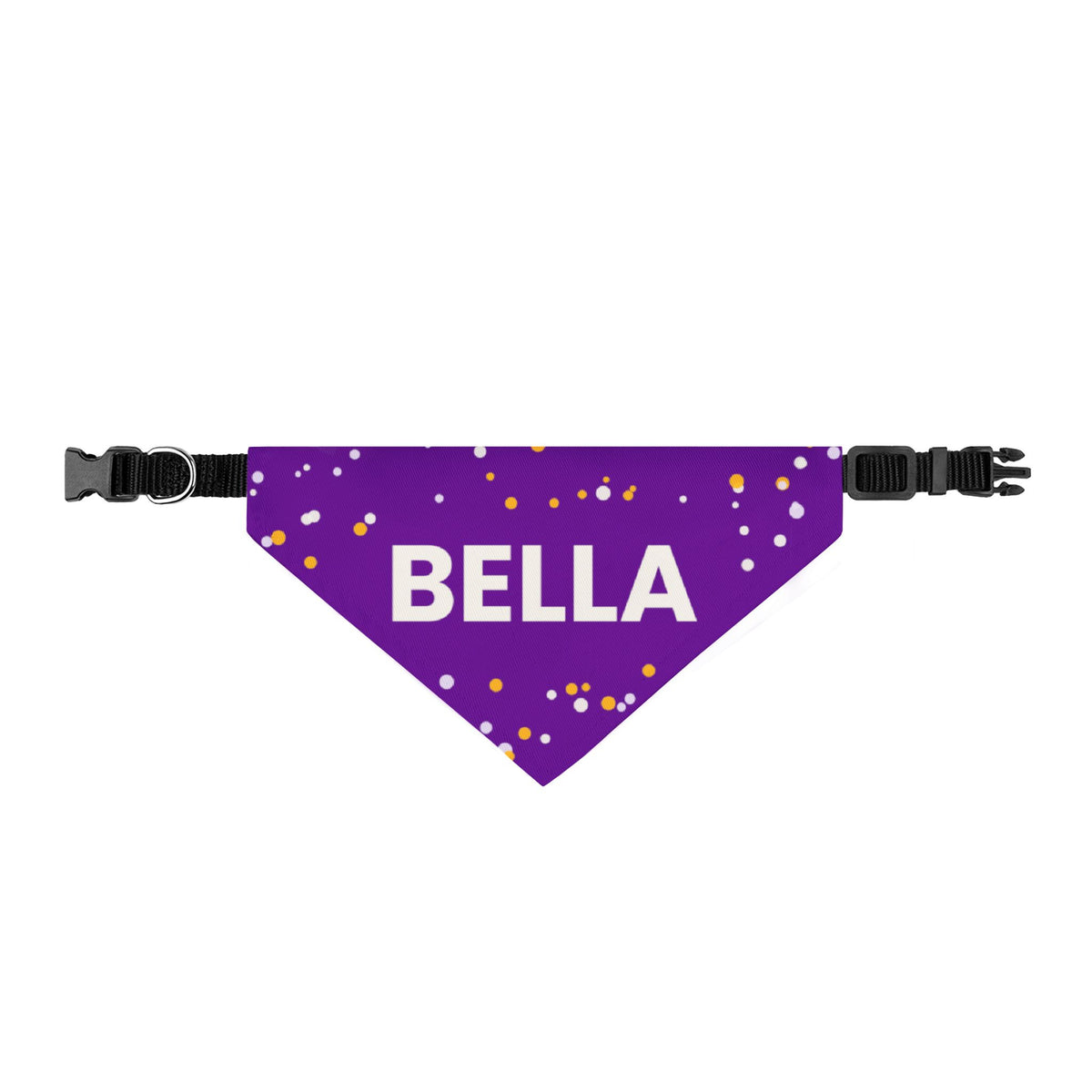 Purple Confetti clip-on dog bandana printed with a custom name, second view
