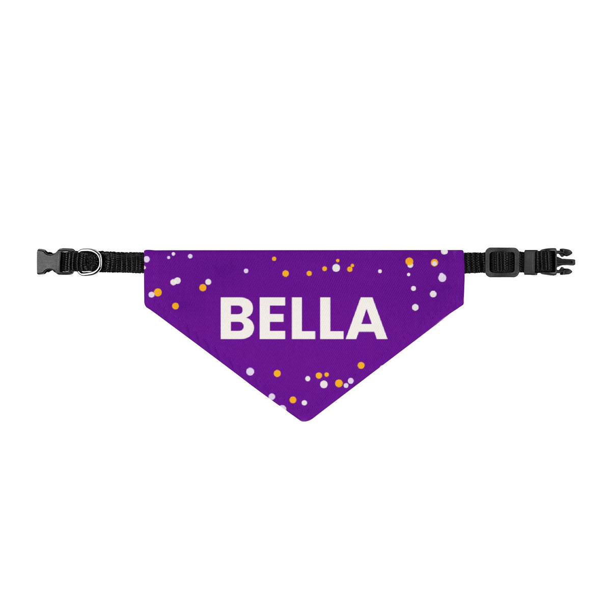 Purple Confetti clip-on dog bandana printed with a custom name