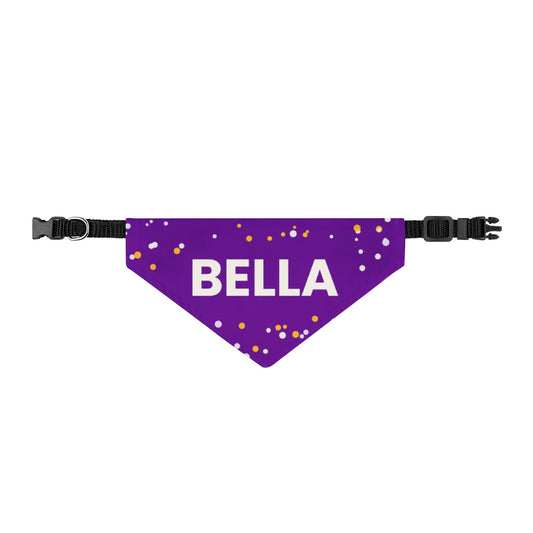 Purple Confetti clip-on dog bandana printed with a custom name