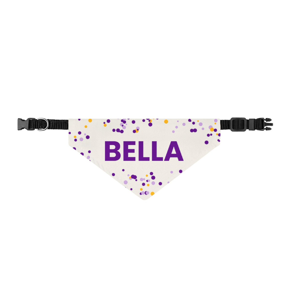 Cream Confetti clip-on dog bandana printed with a custom name