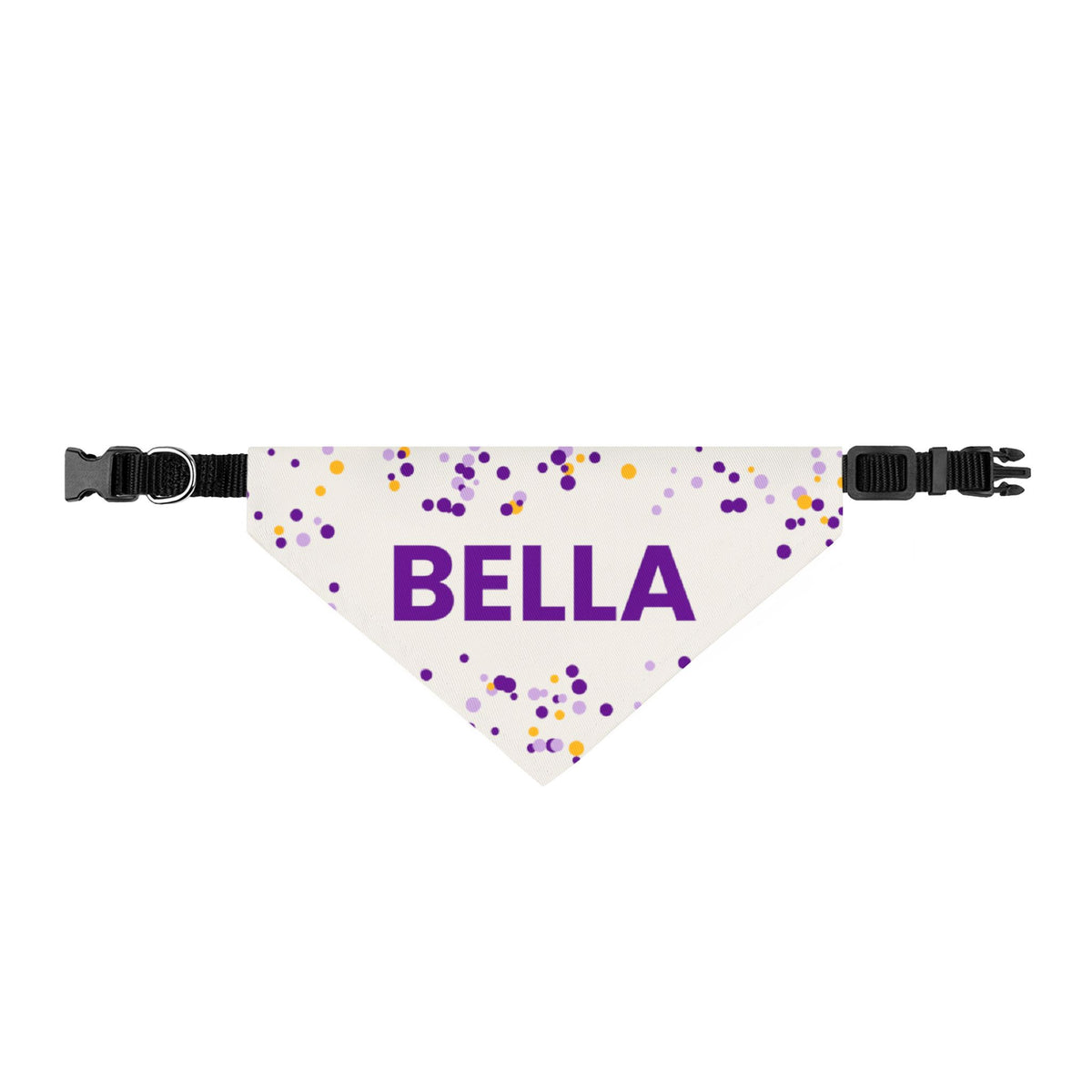Cream Confetti clip-on dog bandana printed with a custom name, second view