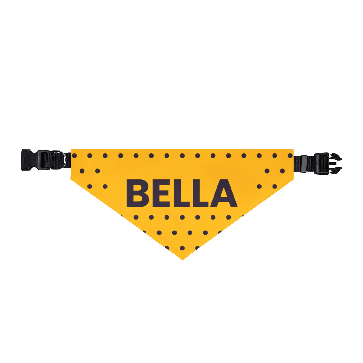 Sunshine Dots clip-on dog bandana printed with a custom name, third view